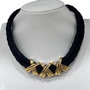 Vtg 80s Collar Necklace 18" Black Gold-tone Triple X Pendant Double Rope Strand